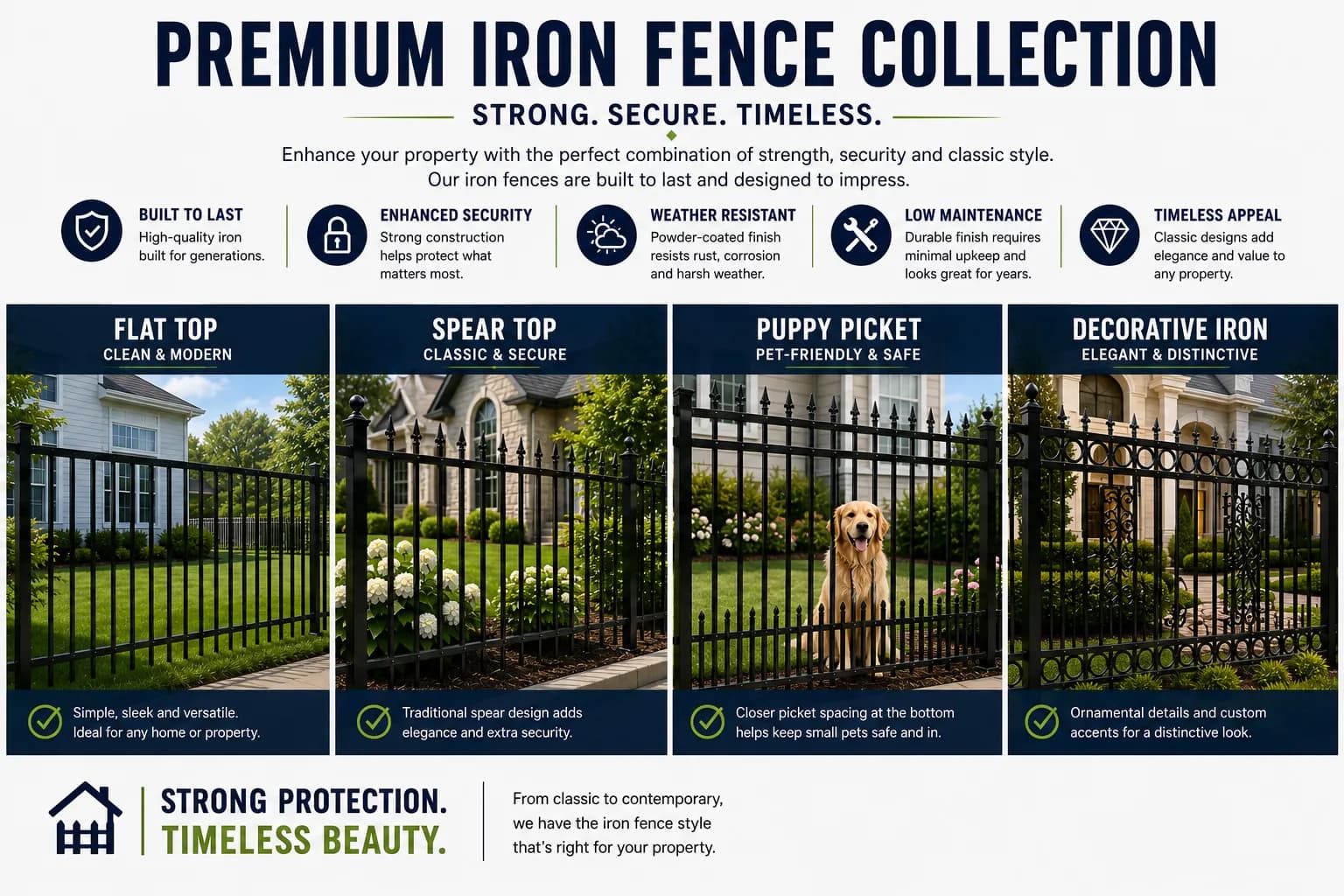 Black iron fence and gate installed around a residential property