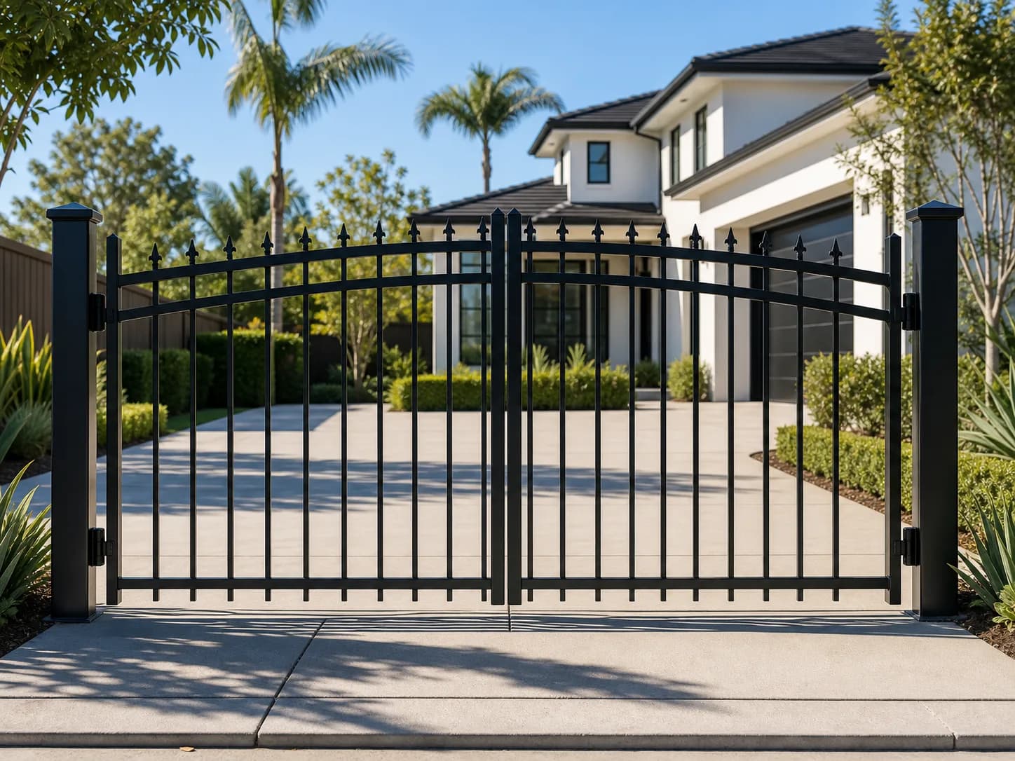Black double swing iron driveway gate in front of a residential property