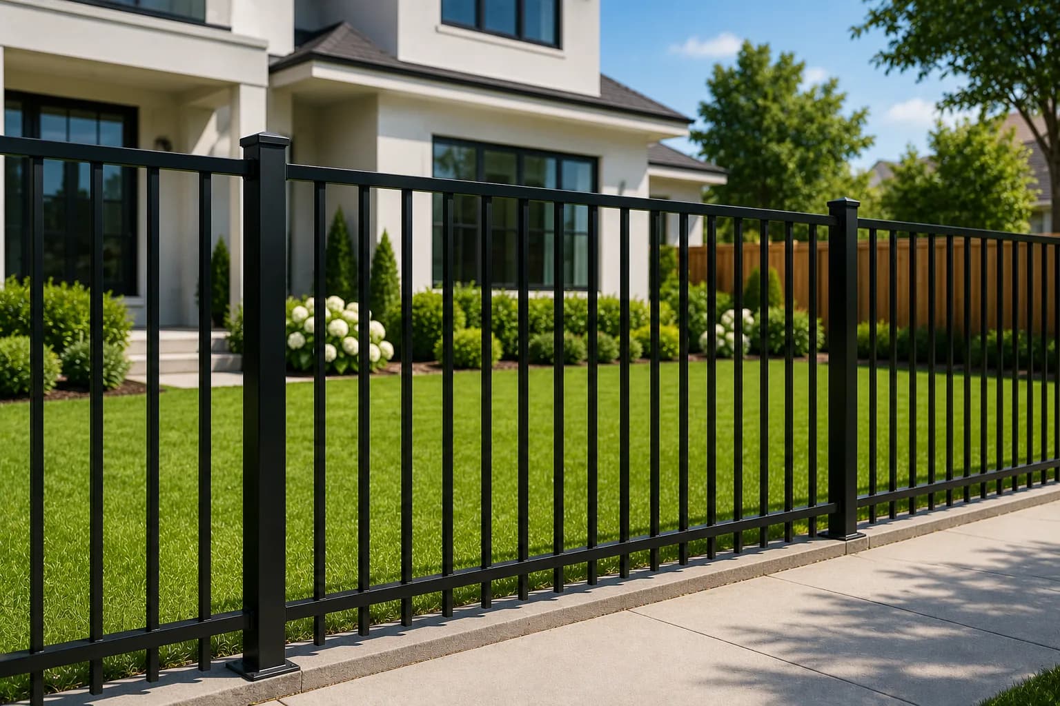 Black flat top iron fence along a residential sidewalk