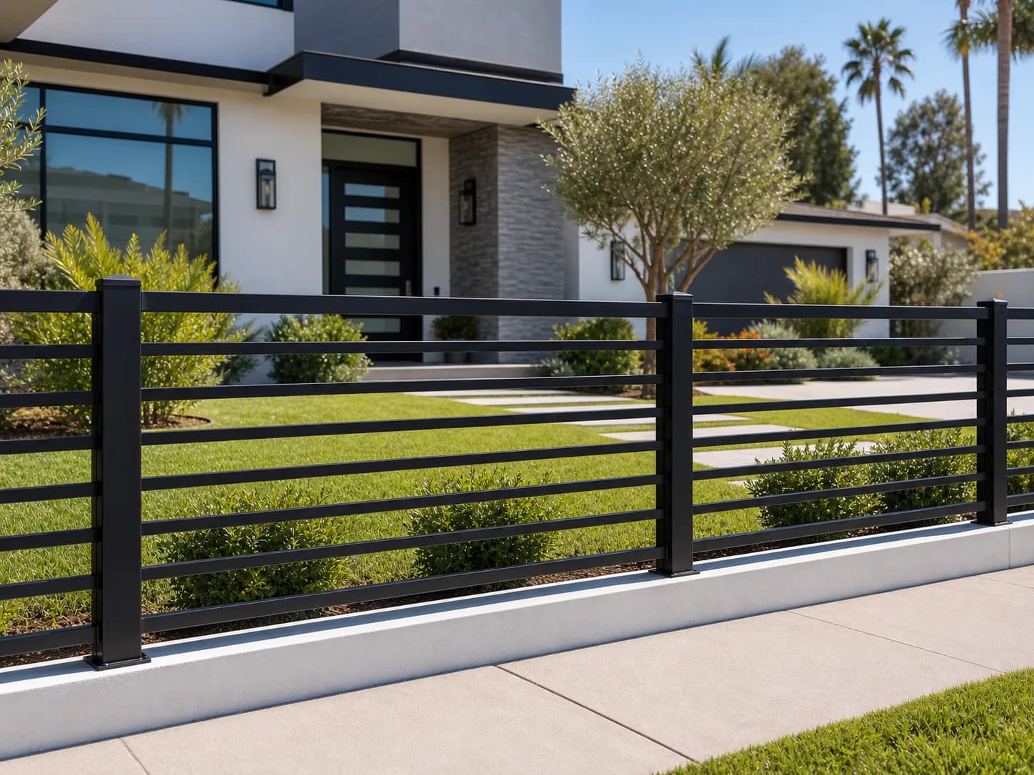 Black horizontal iron fence in front of a modern residential property