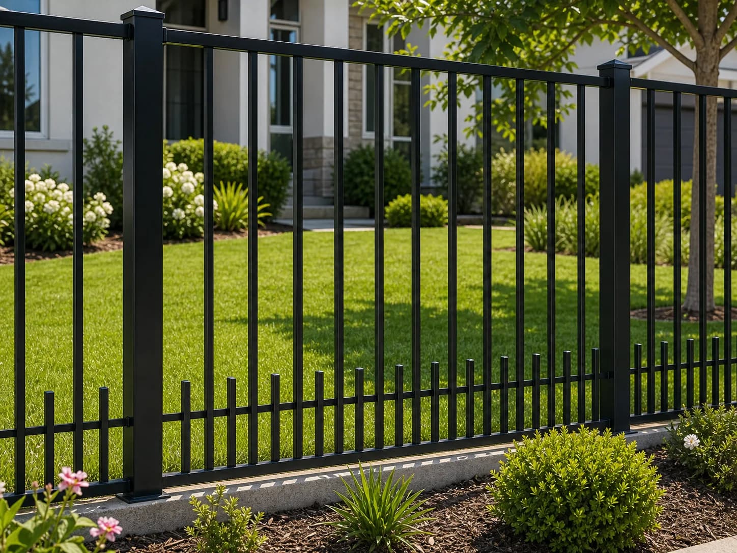 Black iron puppy picket fence with closer lower picket spacing