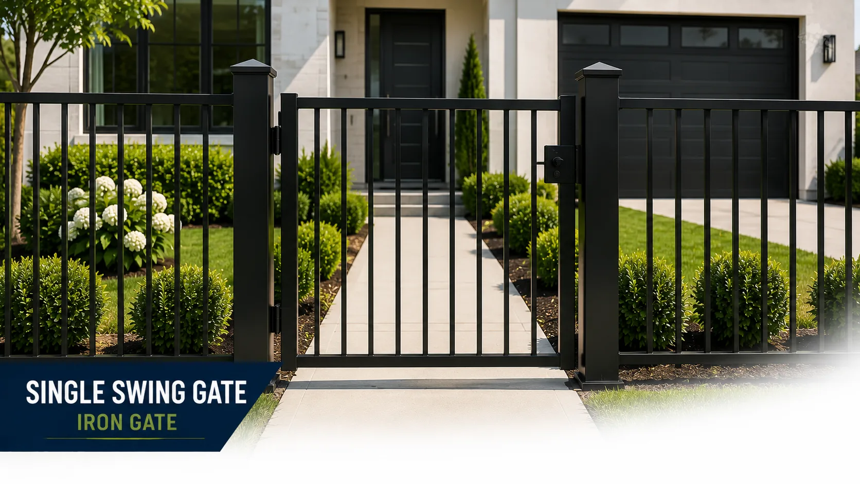 Black single swing iron gate at a front walkway
