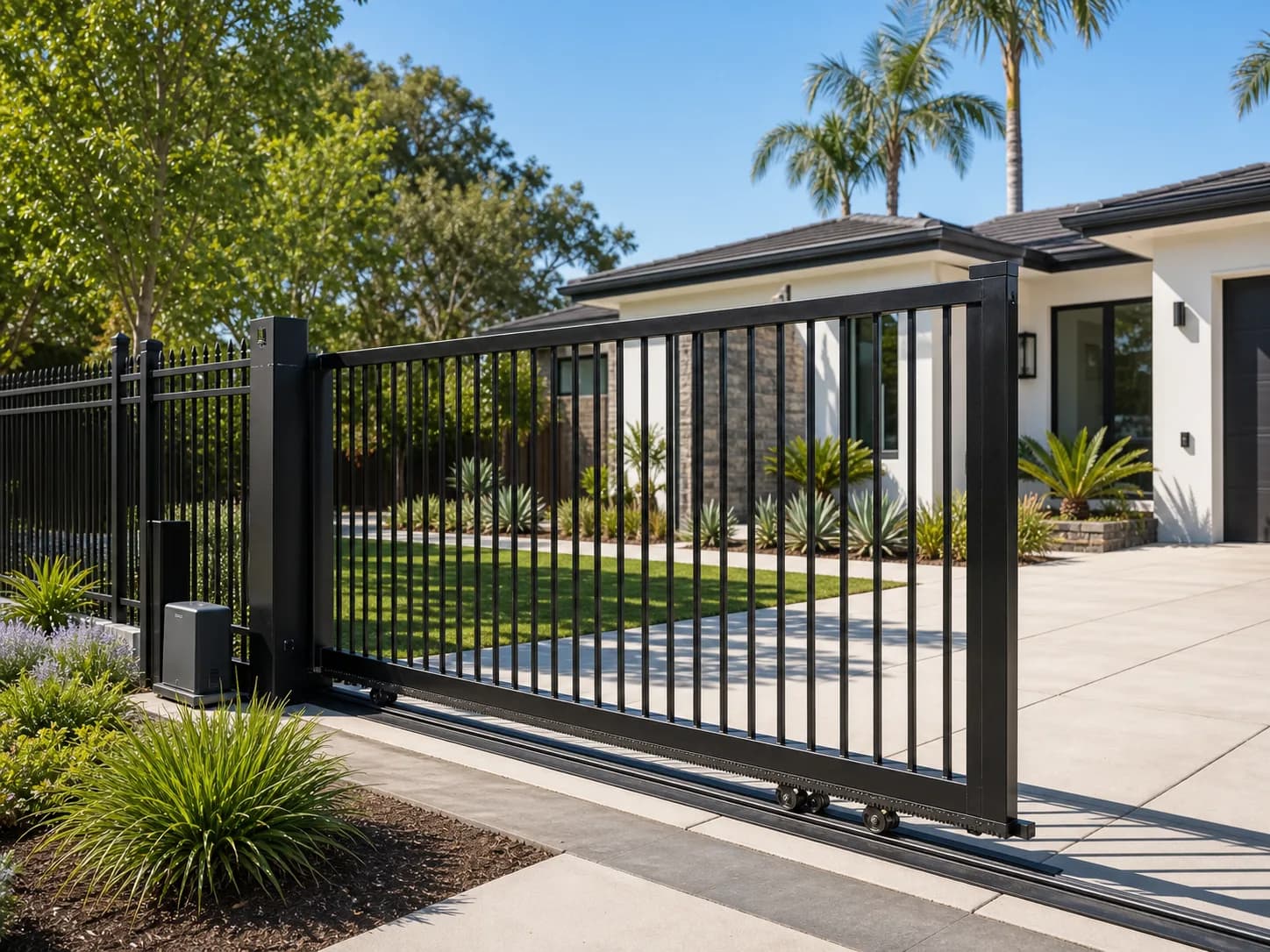 Black sliding iron driveway gate with visible track and motor