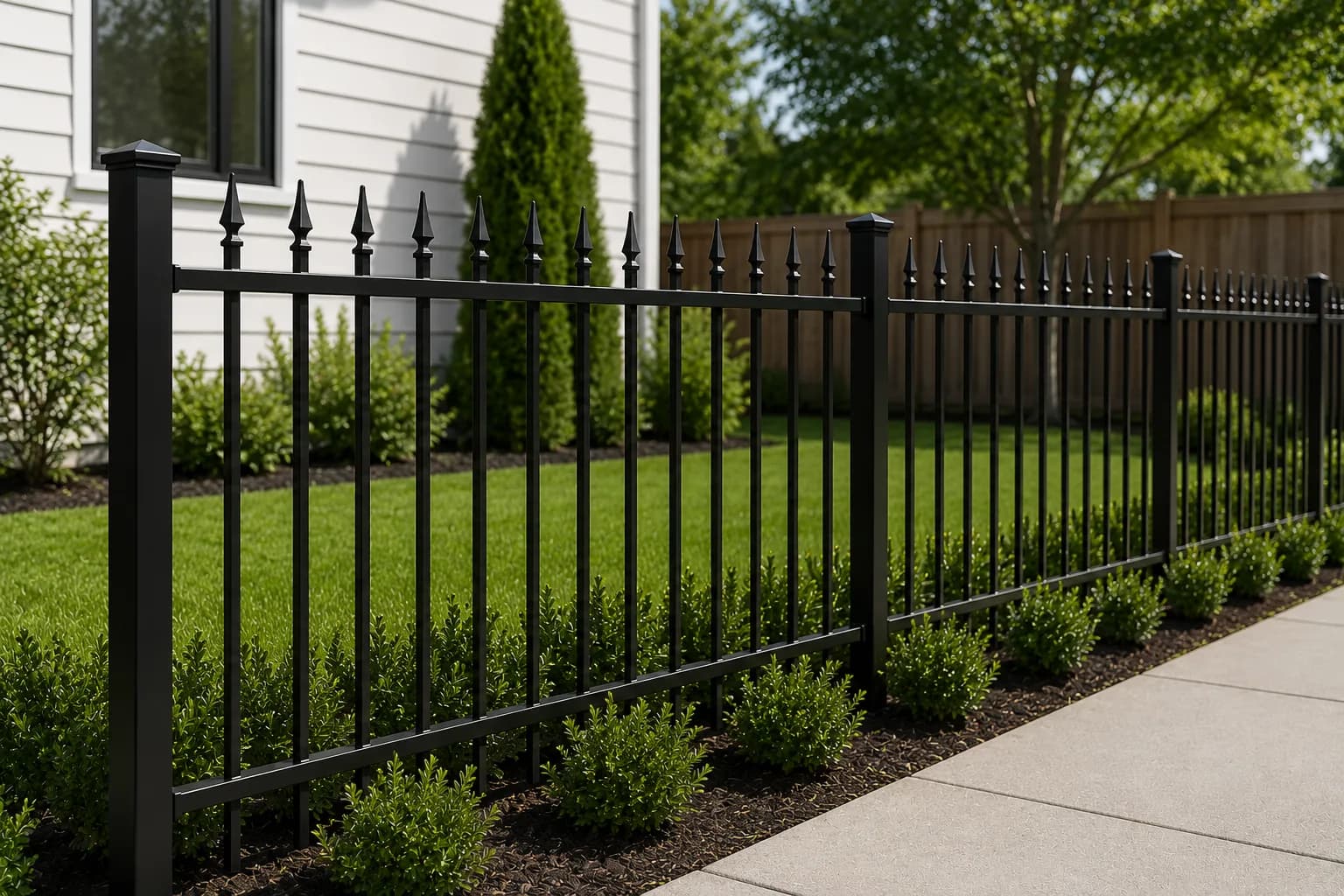 Black spear top iron fence in front of a residential property