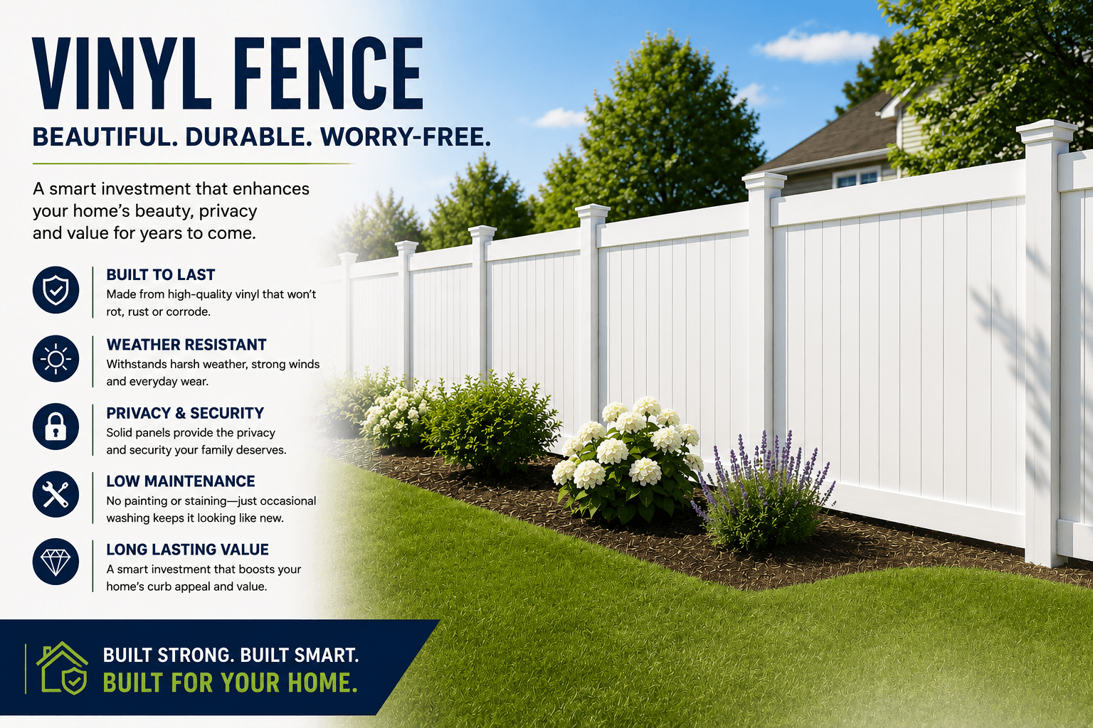 White vinyl fence installed around a residential property